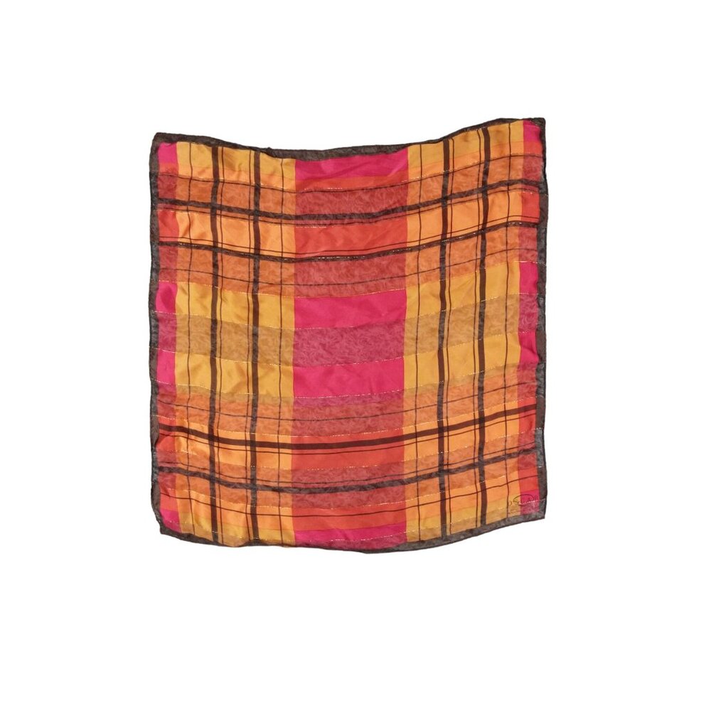 OSCAR DE LA RENTA Silk Square Pocket Scarf‎ Plaid Pink Metallic Gold Sheer